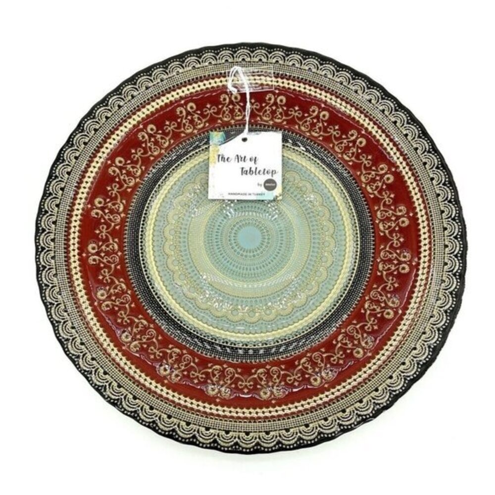 Turkish Glass 13" Charger Plates Hand Painted Oriental Pattern Set of 2 NWT Red